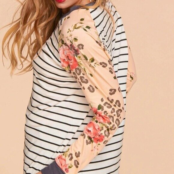 Striped Animal Floral Print Long Sleeve Shirt Women Small New Gray Peach - Picture 9 of 16